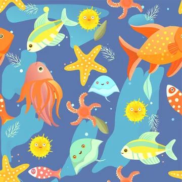 Seamless pattern sea life Ocean marine Stock Illustration