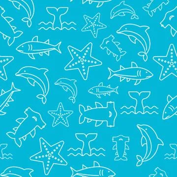 Seamless pattern sea life, starfish, hammerhead shark, shark, dolphins, whale Stock Illustration
