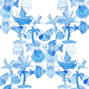 Seamless pattern with sea motifs. Illustrazione stock