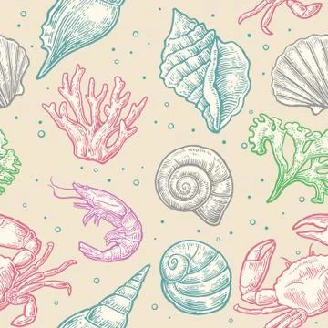 Seamless pattern sea shell, coral, crab and shrimp. Vector engraving vintage  Stock Illustration