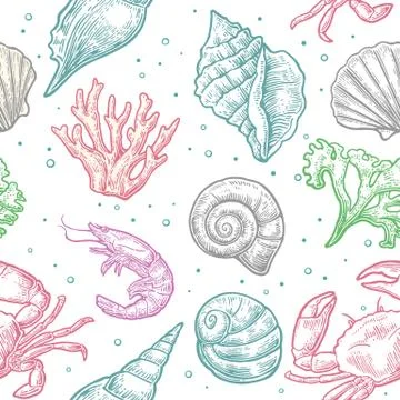 Seamless pattern sea shell, coral, crab and shrimp. Vector engraving vintage Stock Illustration