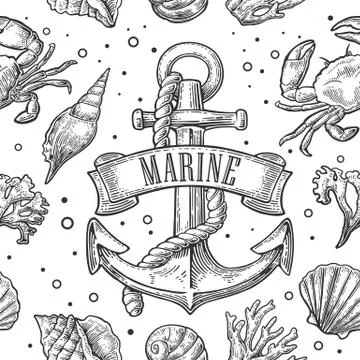 Seamless pattern sea shell, coral, crab, shrimp and anchor with ribbon title Illustrazione stock