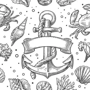 Seamless pattern sea shell, coral, crab and shrimp. Vector engraving vintage Stock Illustration