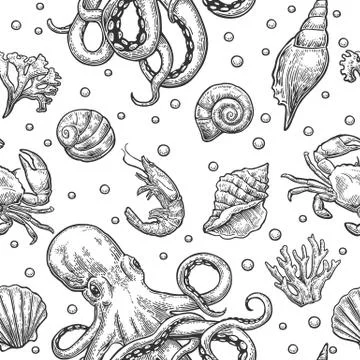 Seamless pattern sea shell, coral, crab, octopus and shrimp. Vector engravi.. Illustrazione stock