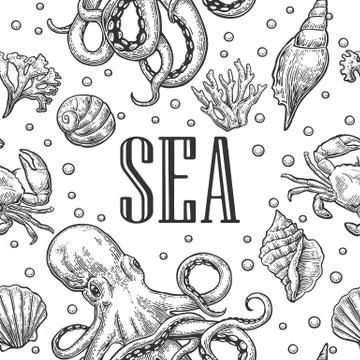 Seamless pattern sea shell, coral, crab, octopus and shrimp. Vector engravi.. Stock Illustration