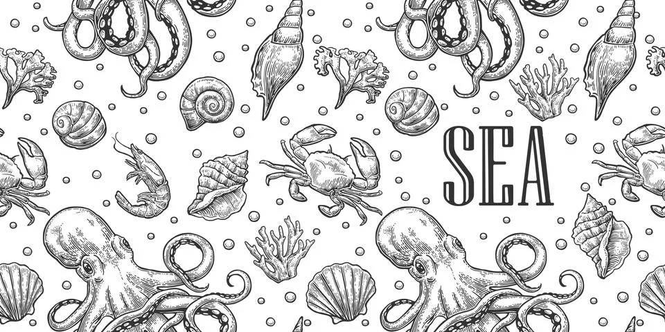 Seamless pattern sea shell, coral, crab, octopus and shrimp. Vector engravi.. Illustrazione stock