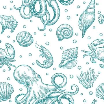 Seamless pattern sea shell, coral, crab, octopus and shrimp. Vector engraving Stock Illustration