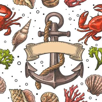 Seamless pattern sea shell, coral, crab and anchor with ribbon Stock Illustration