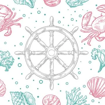 Seamless pattern sea shell, coral, crab and wheel Stock Illustration