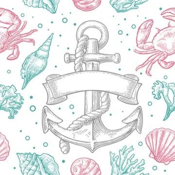 Seamless pattern sea shell, coral, crab and anchor with ribbon Stock Illustration