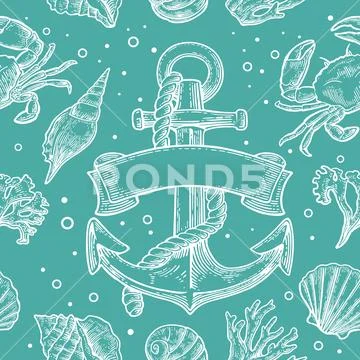 Seamless pattern sea shell, coral, crab and shrimp. Vector engraving vintage Stock Illustration