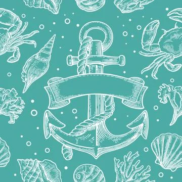 Seamless pattern sea shell, coral, crab and shrimp. Vector engraving vintage  Stock Illustration