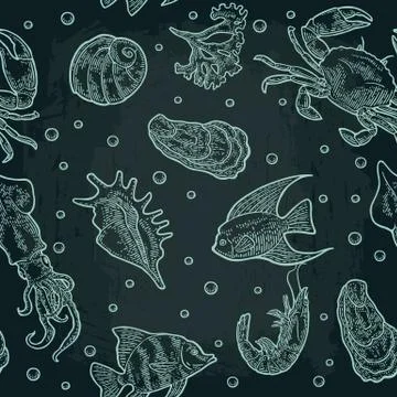 Seamless pattern sea shell, cuttlefish, oyster, crab, shrimp, seaweed, fish. Stock Illustration