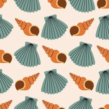 Seamless pattern with sea shell in polka dot order in cartoon flat style. Stock Illustration
