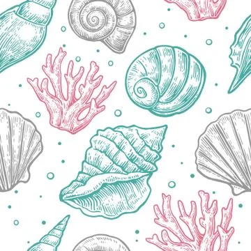 Seamless pattern sea shell.  Vector engraving vintage illustrations. Isolated Stock Illustration