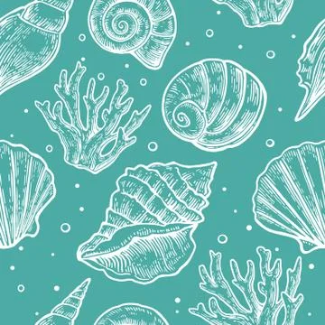 Seamless pattern sea shell.  Vector engraving vintage illustrations Stock Illustration