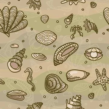 Seamless pattern with sea shells and underwater wildlife 스톡 일러스트