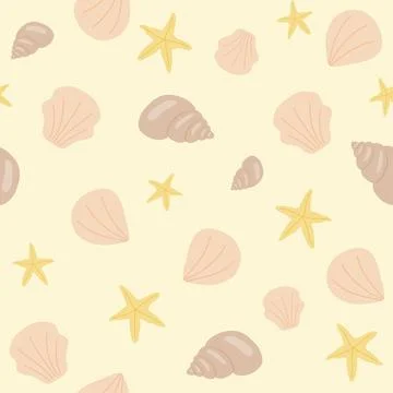 Seamless pattern with sea shells and sea stars, flat vector Stock Illustration