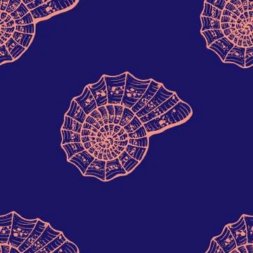 Seamless pattern from sea shells on a blue background.  Hand drawn large shel Illustrazione stock