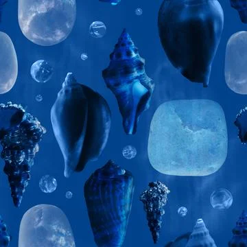 Seamless pattern sea shells, stones, water bubbles on dark blue background 写真素材