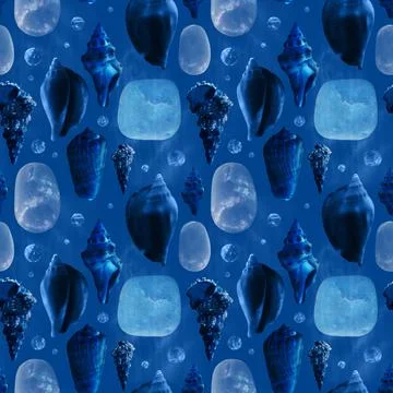 Seamless pattern sea shells, stones, water bubbles on dark blue background Stockfoto's