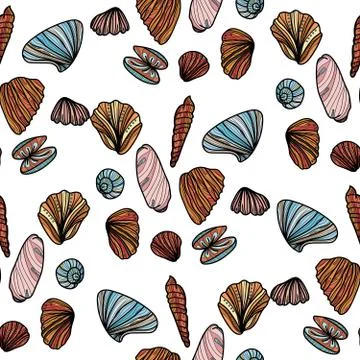 Seamless pattern with sea shells on white background. Stock Illustration