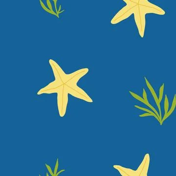 Seamless pattern with sea star and seaweed, flat vector Illustrazione stock