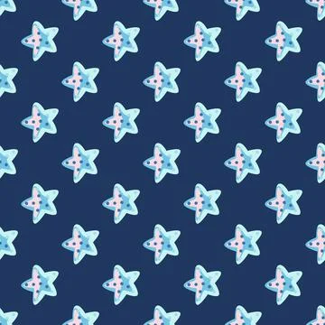 Seamless pattern sea star on blue background. Marine starfish templates for f 스톡 일러스트