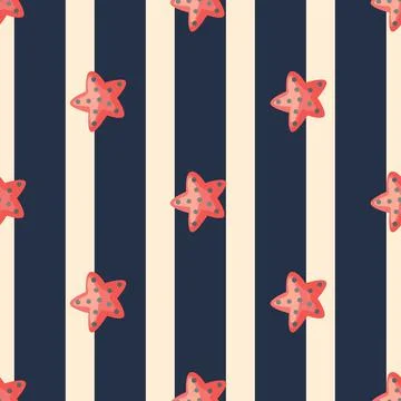 Seamless pattern sea star on blue beige striped background. Marine starfish t Stock Illustration
