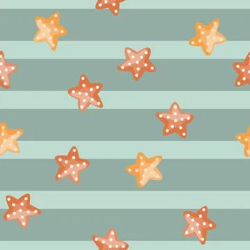 Seamless pattern sea star on green striped background. Marine starfish templa Stock Illustration