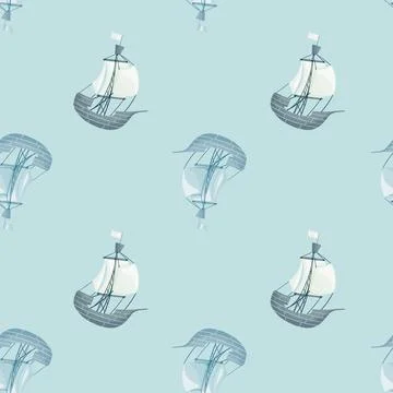 Seamless pattern in sea style with sailbot ship silhouettes. Blue background. Illustrazione stock