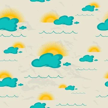 Seamless pattern with sea, sun and clouds. Stock Illustration