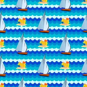 Seamless pattern with sea, sun, palm tree, yacht Stock Illustration