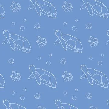 Seamless pattern of sea turtle, coral, bubble and shell on a blue background in Stock Illustration
