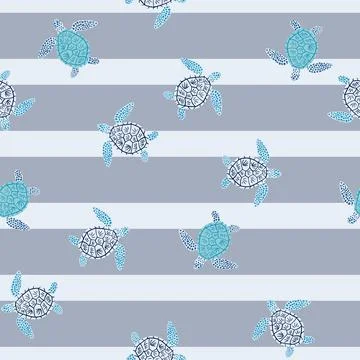 Seamless pattern sea turtles. Cute marine turtle in doodle style. Stock Illustration