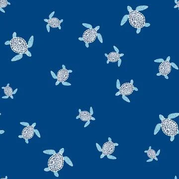 Seamless pattern sea turtles. Cute marine turtle in doodle style. Illustrazione stock