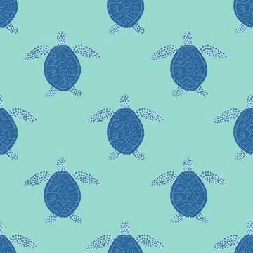 Seamless pattern sea turtles. Cute marine turtle in doodle style. Stock Illustration