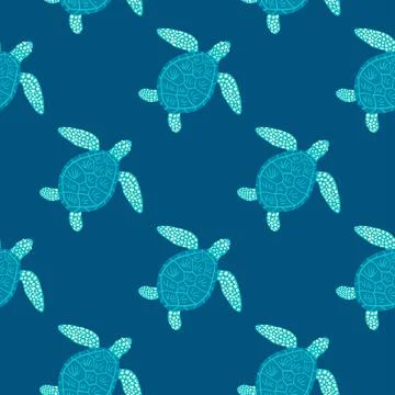 Seamless pattern sea turtles. Cute marine turtle in doodle style. Stock Illustration