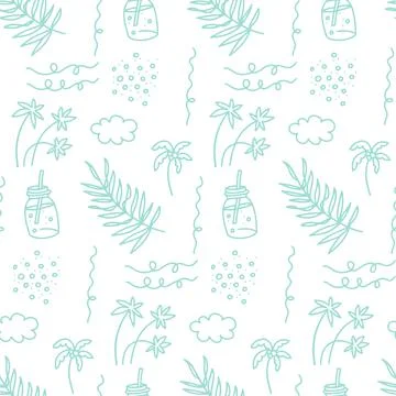 Seamless pattern with sea vacation elements. Cocktail , island with palm trees 스톡 일러스트