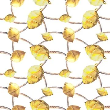 Seamless pattern Sea yellow buoy rope Isolated white background Hand painted Stock Illustration