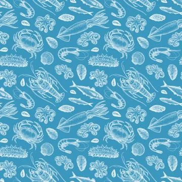 Seamless pattern with seafood and fish. Illustrazione stock