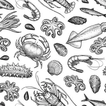 Seamless pattern with seafood and fish. イラスト素材