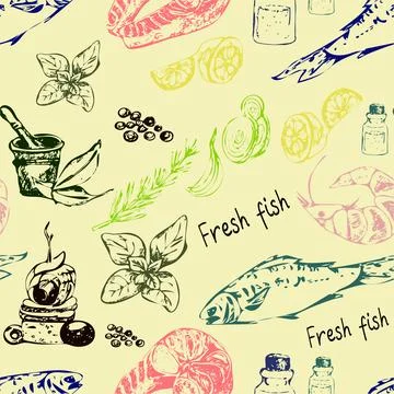 Seamless pattern of seafood and spices in graphic style. Animal sea products Stock Illustration