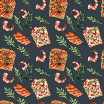 Seamless pattern with seafood on a blue background. Texture with sandwiches w Stock Illustration