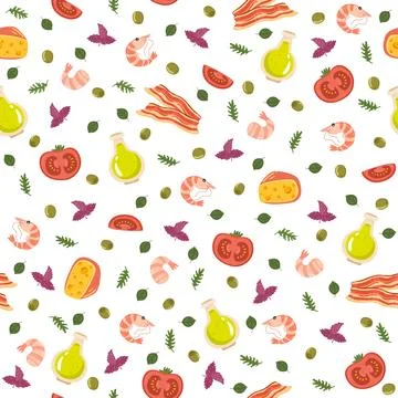 Seamless pattern with seafood. Fresh restaurant delicacies, Italian food, olive Stock Illustration