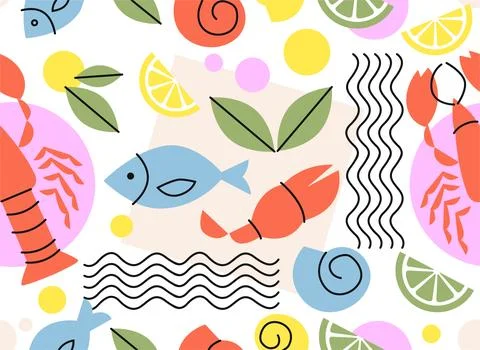 Seamless pattern with seafood. Repeating design element for printing on fabric Stock Illustration