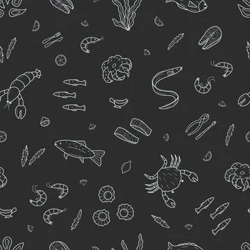 Seamless pattern Seafood set of doodle icons. Vector illustration of seafood  Illustrazione stock