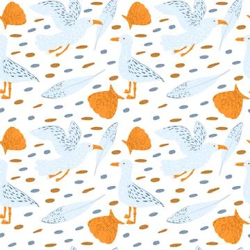 Seamless pattern seagull on white background. Cute baby print with birds, she Stock Illustration