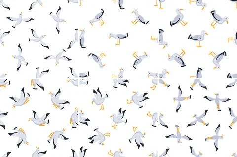 Seamless pattern with seagulls flying and walking on white background Stockillustratie