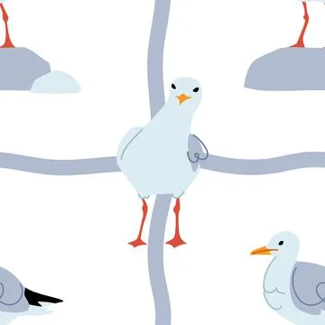 Seamless Pattern with Seagulls Sitting on Rocks. Marine Bird Vector Background Illustration